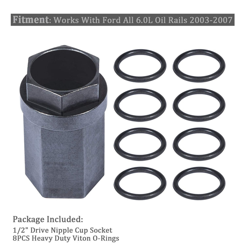 Yoursme for 2003-2007 Ford 6.0L Diesel Nipple Cup Socket Kit High Pressure Oil Rail Ball Tube Repair with 1/2" Drive Socket and Heavy Duty Viton O-Rings Leakproof