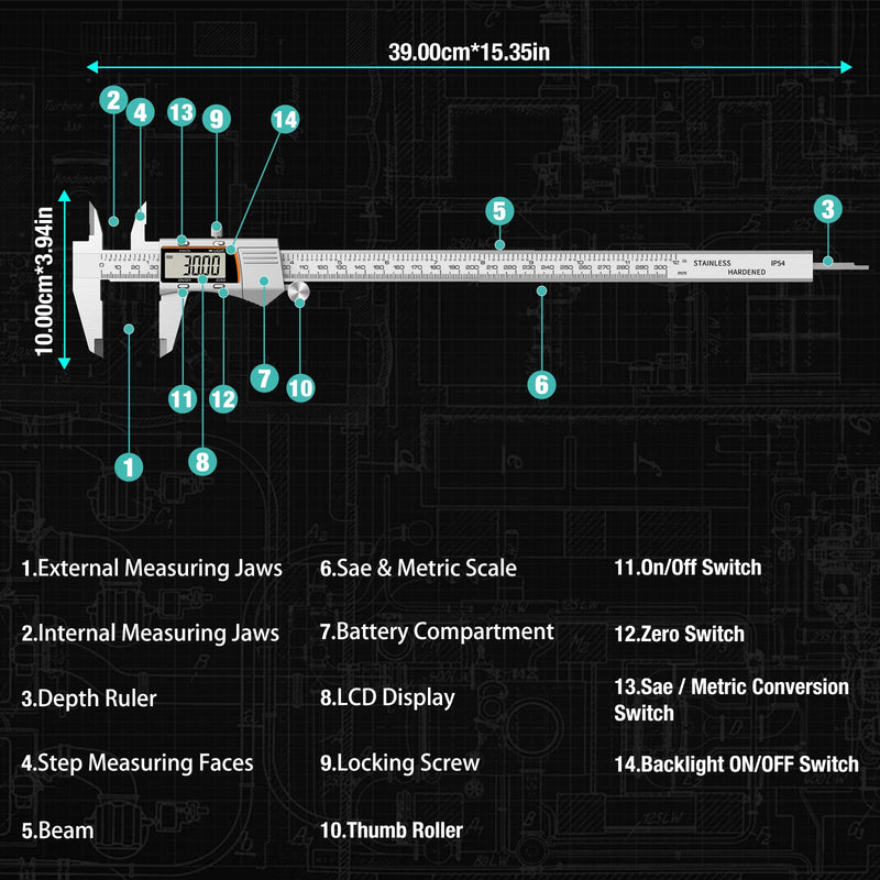 Digital Caliper 12 inch 300mm Micrometer Caliper All Stainless Steel Electronic Diameter Measuring Tool with Large LCD Screen for Household/Jewelers/DIY