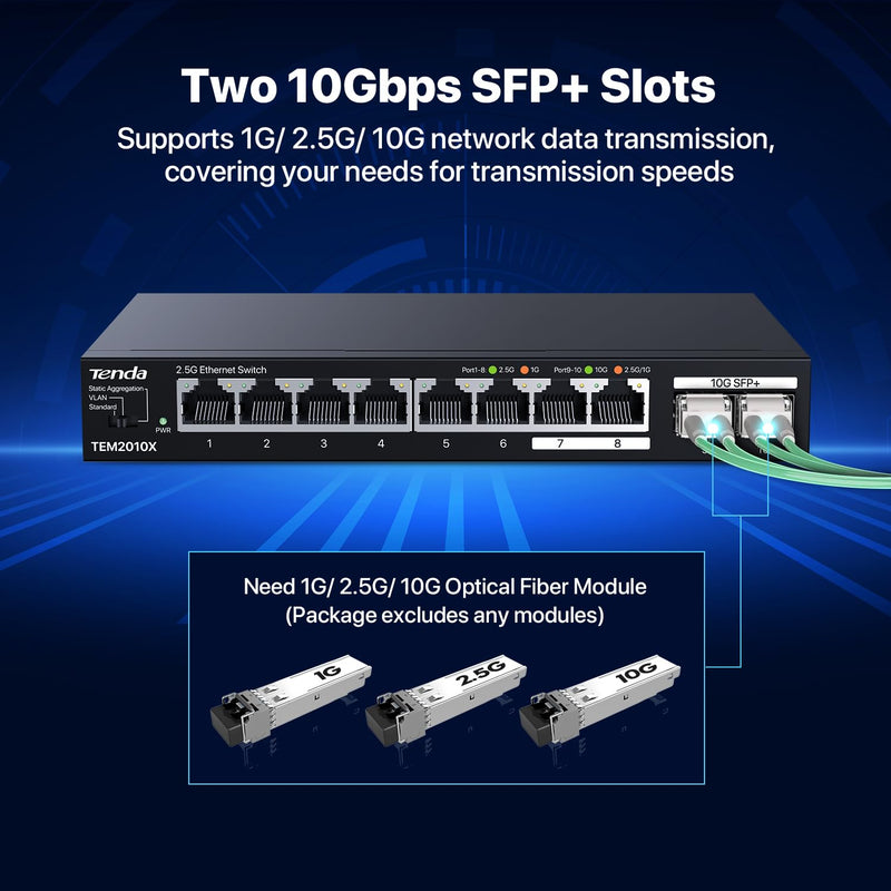 Tenda TEM2010X 8 Port 2.5G Ethernet Switch, Unmanaged 2.5Gb Switch with 8 x 2.5G Ports & 2 x 10Gb SFP+ Slots, Support VLAN & Static Link Aggregation, 80Gbps Switching Capacity, Fanless Metal Design