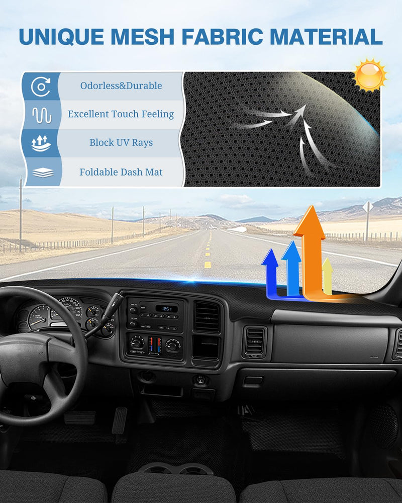 FIILINES Dash Cover for 1999-2006 GMC Sierra/Chevrolet Silverado, 2000-2006 GMC Yukon XL/Chevy Suburban Tahoe Avalanche, Dashboard Cover Mesh Dash Mat Black