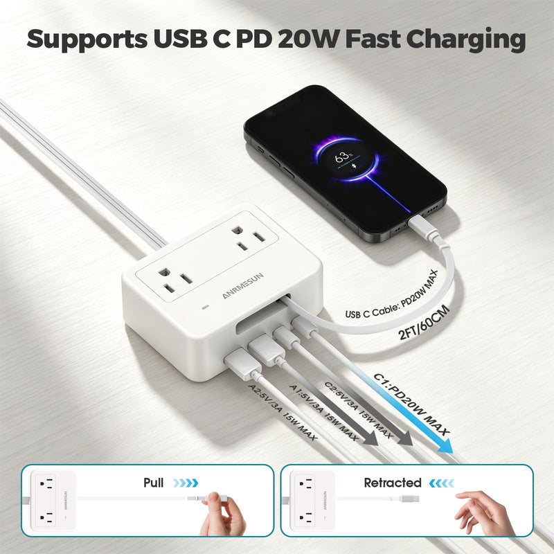 Surge Protector Power Strip with Retractable USB C Cable, 4 AC 4 USB White | PD20W Fast Charge, 750°C Fire Resistant & Double Pole Safety Switch, 5FT Flat Plug Extension Cord for Home Office Dorm Travel with Retractable Cable