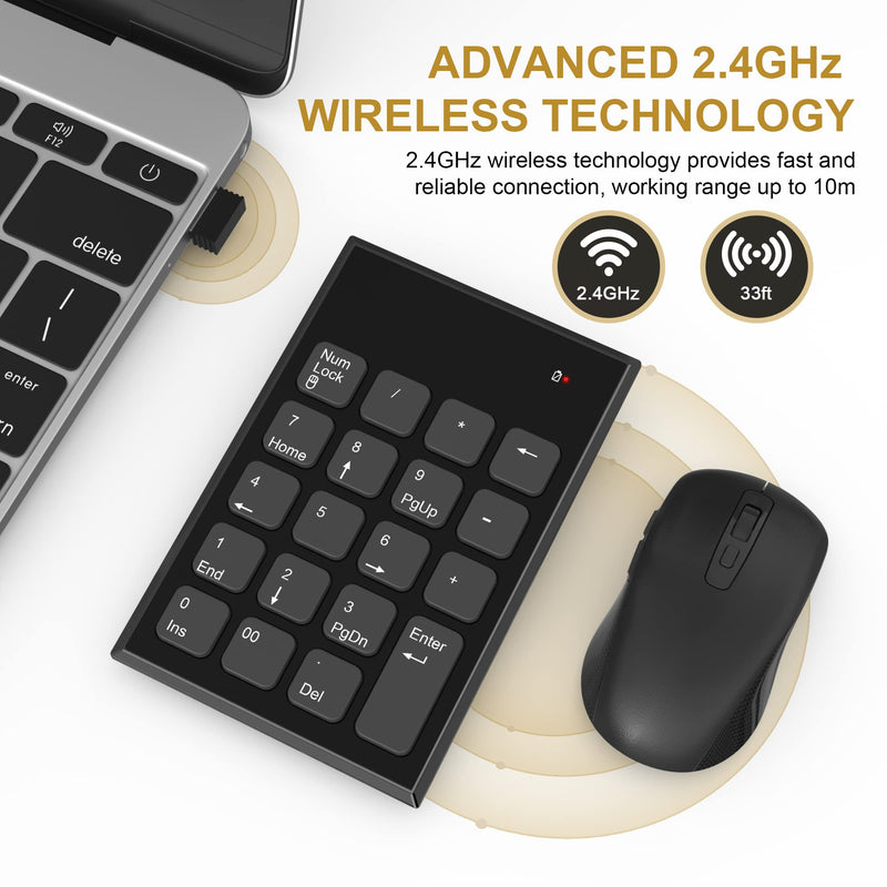 Wireless Number Pad and Mouse, 2.4GHz Ultra Slim 19 Keys USB Wireless Numeric Keypad and 3 Adjustable DPI Silent Mouse for Laptop, Notebook, Desktop, PC Computer