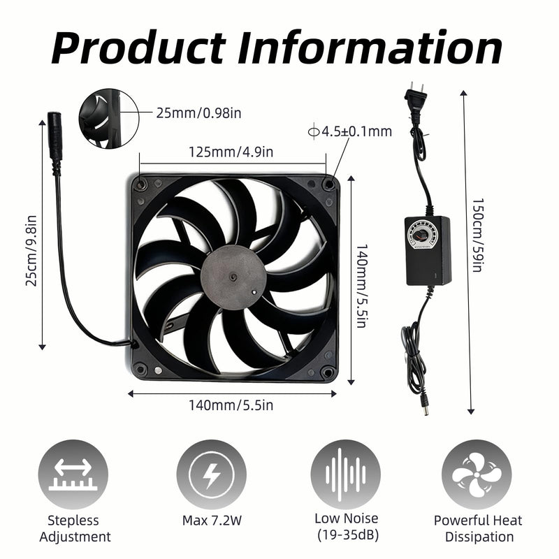 2 Pack 140mm×25mm DIY Variable Speed Cooling Fan with 110V-240V AC Plug Power Adapter - Quiet 20-35dB Fans for Biltong Box Reptile Aquarium DVR PlayStation Xbox Cabinet Ventilation
