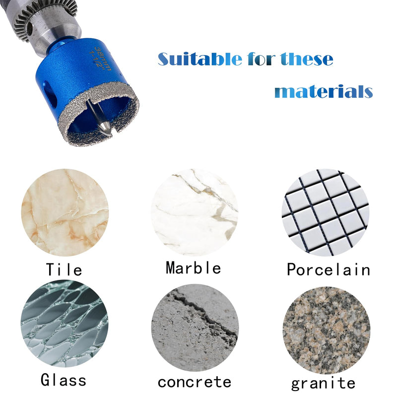 1-1/2 Inch Diamond Core Drill Bits,Vacuum Brazed Hole Saw with Pilot Triangle Shank for Ceramic Tile Glass Concrete Porcelain Granite Pack of 2Pcs Head diameter 38mm(1-1/2")