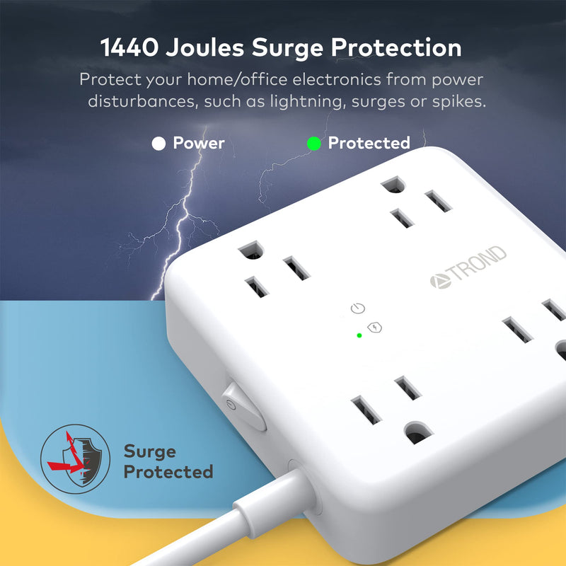  [AUSTRALIA] - TROND Power Strip Surge Protector - Ultra Thin Flat Plug 5ft Extension Cord with 4 USB Ports(1 USB C Charger), 4 Widely-Spaced Outlets, Compact & Small, 1440J, Wall Mount for Home Office Dorm, White 5 FT