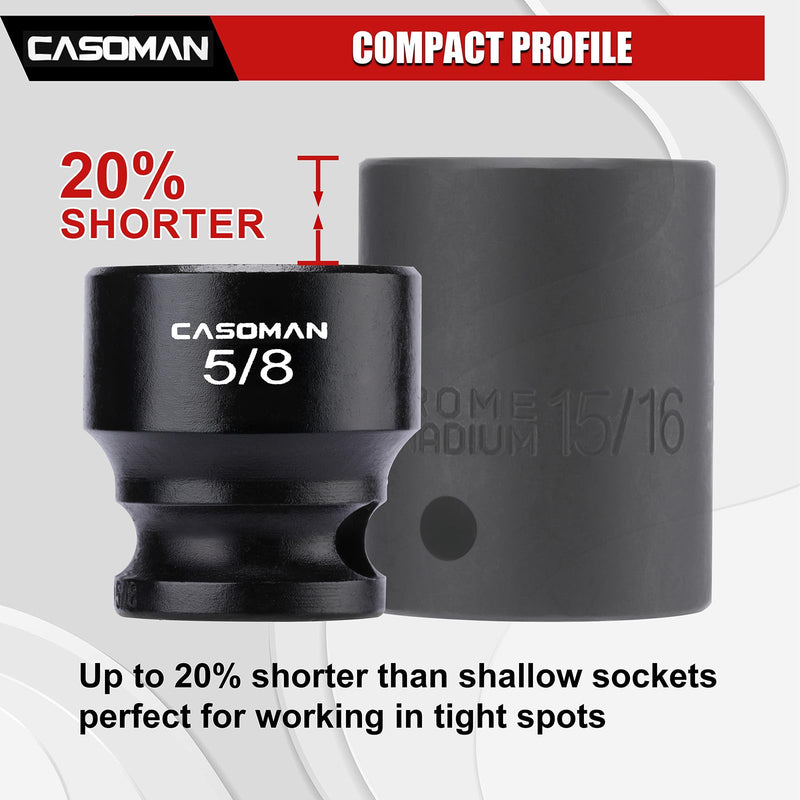 CASOMAN 12PCS 3/8" Drive Stubby Impact Socket Set, Low Profile, 5/16" - 1", SAE, CR-MO, 6-Point, 12 Pieces Shallow Socket Set for Automotive Maintenance, Repairs and DIY, for Tight Areas 3/8"Dr. 12-Piece (5/16" - 1")