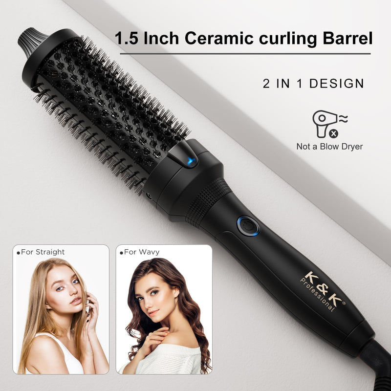 K&K Thermal Brush, Blowout Boost Ionic Round Heated Hot Brush, to Make Hair Smoother & Shinier, Easy to Use, Not for Blow Drying, 38mm Barrel,Dual Voltage, UK Plug, Jet Black