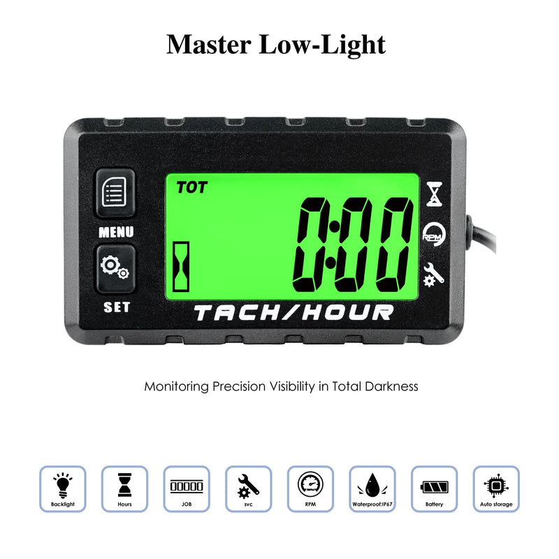 Jayron JR-HM058 Digital Hour Meter Tachometer,2 System Options,Countdown Maintenance Rminder,Backlight Setting,Resettable Max RPM,Replacement Battery Reminder,User Off,for Motorcycles,Lawn Mowers