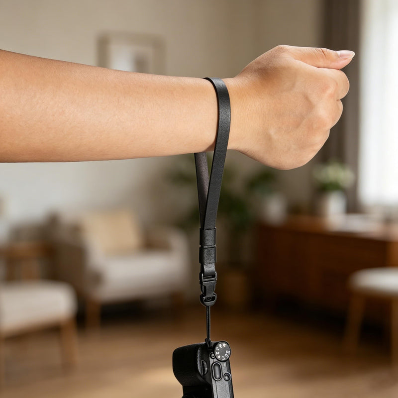 Nappa Leather Quick Release Camera Wrist Strap | Genuine Nappa leather with a soft, lightweight feel and secure quick release; fits most compact cameras. Black