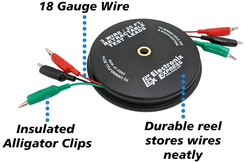 3 Wire 20 Foot Retractable Test Leads, Red/Black/Green 18 Gauge Wire with Alligator Clips on Each End, Ideal for Electrical Troubleshooting Cars, Trailers, Boats - EX ELECTRONIX EXPRESS