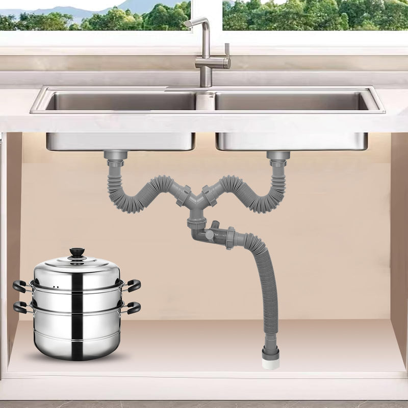 Double Sink Drain Kit Flexible 1 1/2 Inch P-Trap Pipe Comes with Visual One Way Drain Valve 4-Way Connector for Bathroom Kitchen Sink Dishwasher Garbage Disposer Drain Pipe 1 1/2 inches Gray