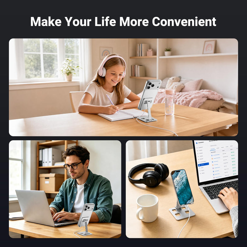 Foldable Cell Phone Stand, Multi-Angle Adjustable Desk Holder with Anti-Slip Silicone Pads and Charging Cutout, Pocket Portable Mount Compatible with Smartphones and Mini Tablets for Office and Travel
