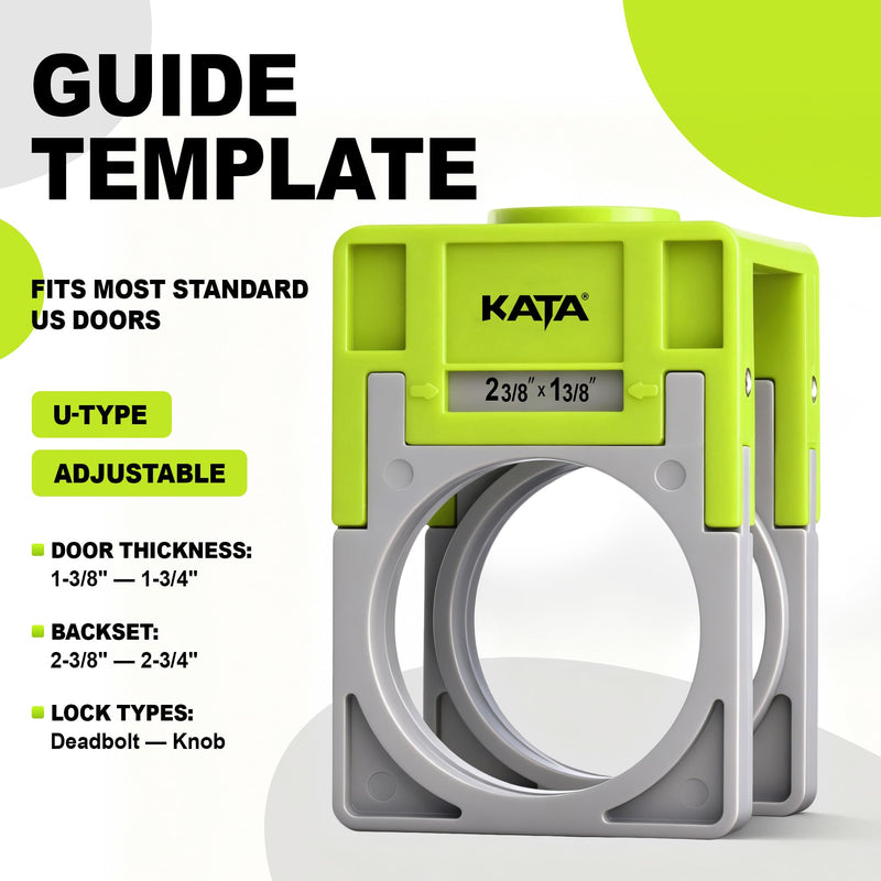 KATA Door Lock Installation Kit for Metal & Wood Doors, 1-3/8" to 1-3/4" Bi-Metal Hole Saw with Adjustable Guide Template, Installing Deadbolt and Knob, Extra Drill Bit & Screwdriver Bit Inclued Green/Grey