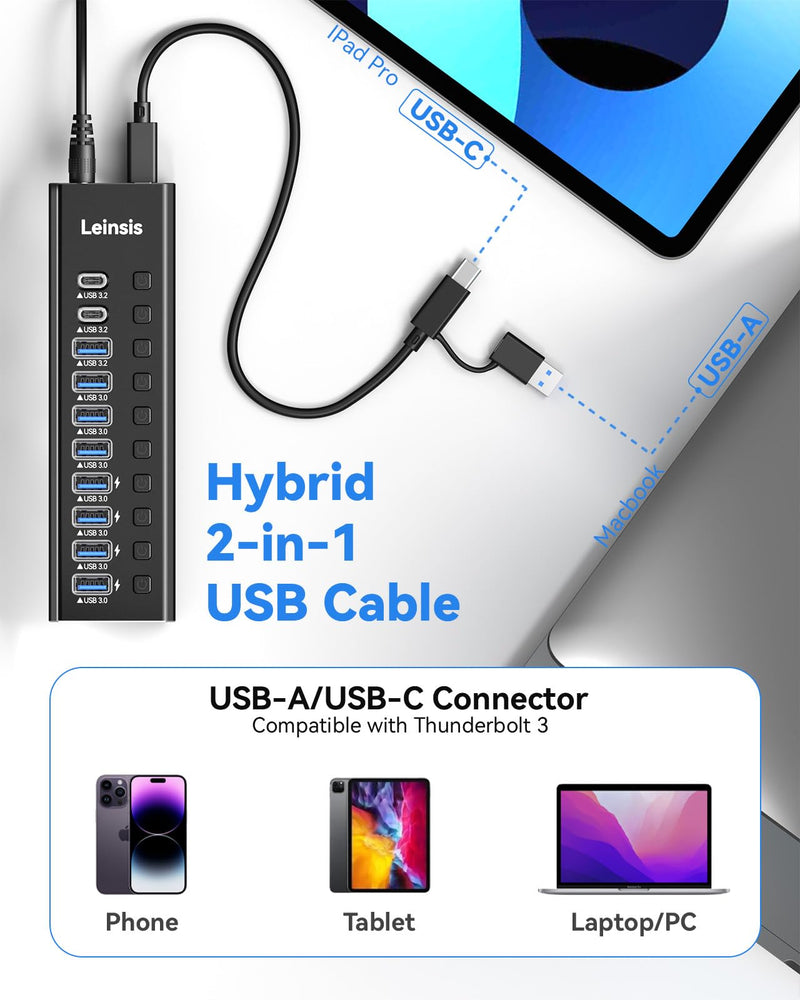 Powered USB Hub 3.2, LEINSIS 10-Port USB 3.2/USB C Hub (10Gbps USB-A 3.2 +2 USB-C 3.2 +7 USB 3.0 Ports) with Individual On/Off Switches and 12V Power Adapter, Aluminum USB Hub Powered for Laptop PC 10-Port USB 3.2 Hub light black