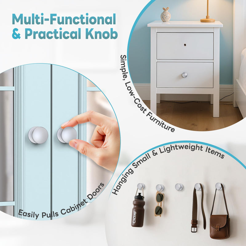 Self Adhesive Cabinet Knobs, Aluminum Alloy Self-Stick Drawer Pull Handles for Sliding Glass Door, Cabinet, Cupboard, Dresser, Closet, Window - Stick On No-Drilling Drawer Knobs (8, Silver) 8