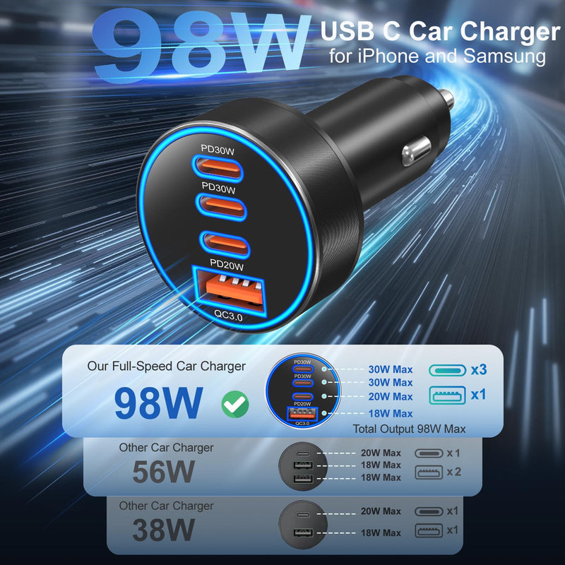 98W Car Charger USB C, 4 Port Fast Cigarette Lighter USB Charger with Cable | 4 in 1 Fast Charging Cigarette Lighter Adapter,Dual PD 30W Type C Car Charger for iPhone 17/16/15 Pro Max,Galaxy,Pixel,iPad Black
