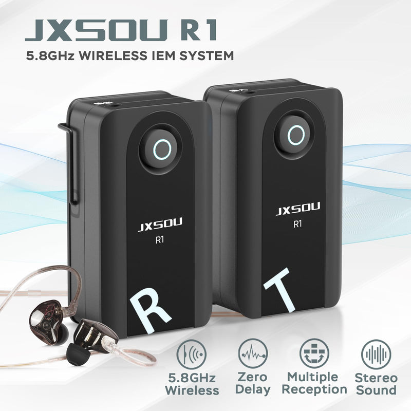 Wireless in-Ear Monitoring System, R1 5.8GHz Stereo Audio transmitting for Recording Studio, Band Performance, Live Broadcast One Transmitter + One Receiver
