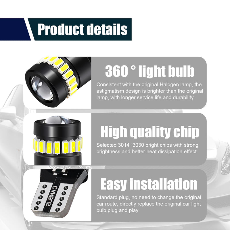 ZKFAR 2 PCS T10 LED Bulbs, 18SMD 3014 1SMD 3030 Chipset, 155 Lumens Super Bright Light 6500K White Light, Car LED Width Light Side Marker Light