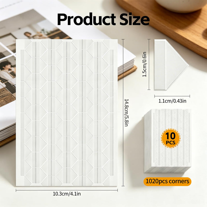 1020 PCS Photo Corners Self Adhesive, Clear Photo Corners for Scrapbooking, 10 Sheets Photo Corner Stickers for Photo Albums, Journals, Memory Books & DIY Crafts