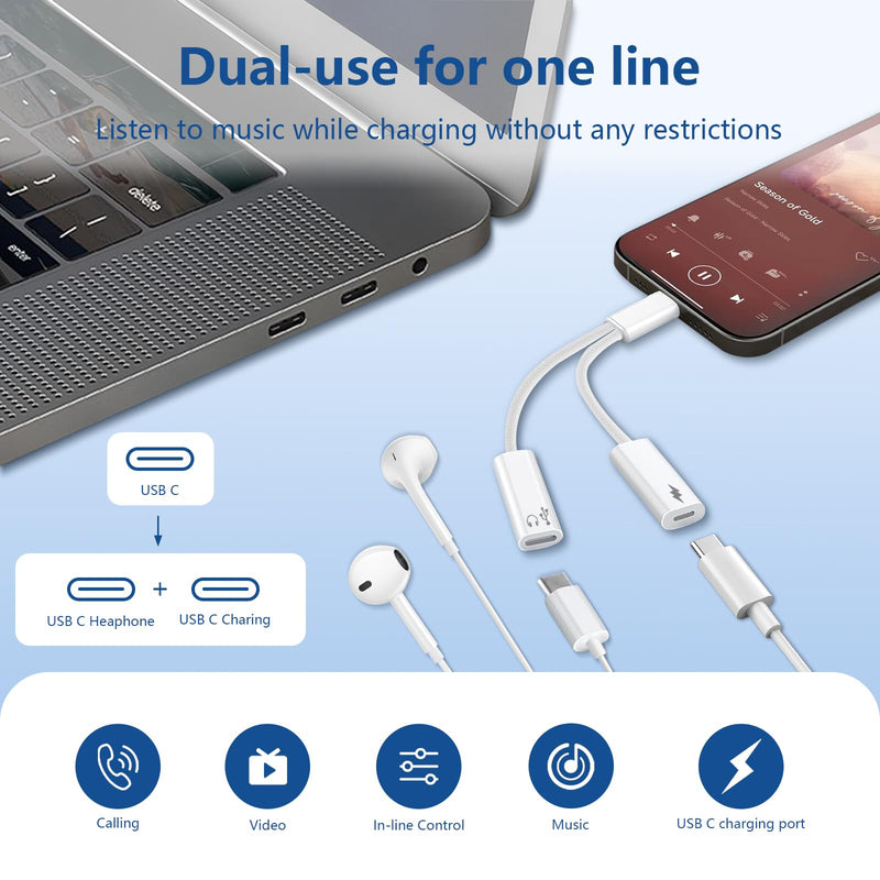 USB C Splitter 1 in 2 Out, Dual USB-C Charger and Headphone Adapter, USB-C Splitter PD 60W Fast Charging, Type C Audio Adapter Dongle Cable for Apple iPhone 15 16 17/iPad Pro/Galaxy/Pixel (1PACK) USB-C to USB-C and USB-C 1 PACK