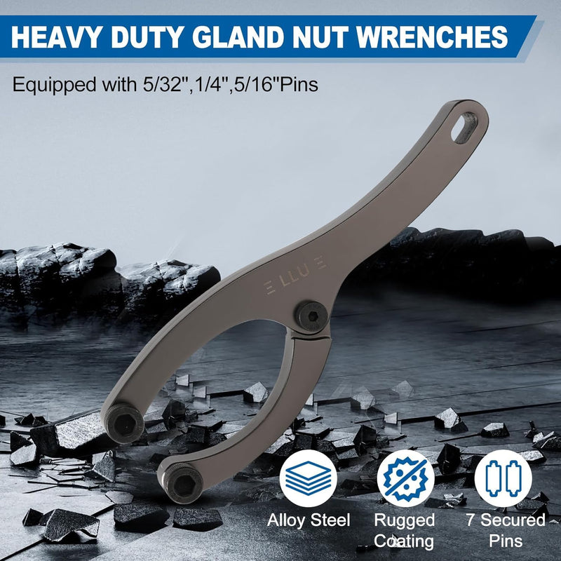 LLU 8.3-inches Heavy Spanner Wrench with Handle, Adjustable Gland Nut Wrench for Removing Hydraulic Cylinder Glands Under 5 Inches, Includes 5/32", 1/4", 5/16" Pins, Gloves, and Towel