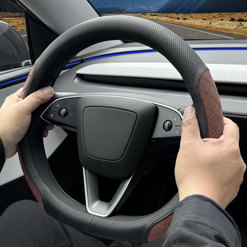 LKWLIKEI Leather Steering Wheel Cover. Elegant Diamond Checkered Design, Non-Slip and Breathable, for Tesla Model 3/Y Steering Wheel Protector,Black Brown Black Brown