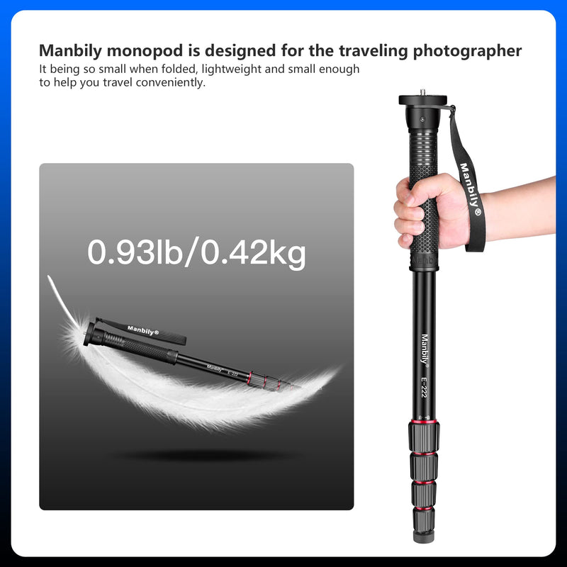 Manbily 65-Inch Camera Monopod, 5 Sections Aluminum Travel Monopod for Canon Nikon Sony DSLR Cameras Video Camcorder, Compact Portable Monopod Lightweight Walking Trekking Stick（E-222）