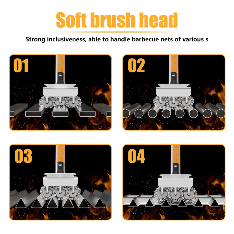 HOUSE AGAIN Grill Brush Bristle Free, 304 Stainless Steel Food-Grade Brush Head with Scraper, Safe BBQ Outdoor Grill Cleaning Brush Strong Barbecue Brush Cleaner Non Wire for Grill Grate/Wooden Handle Wood