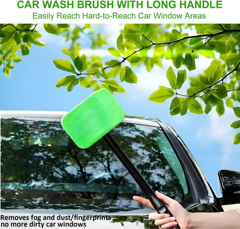 desin Car Windshield Cleaning Tool, Windshield Cleaner with 5 Washable and Reusable Microfiber Pads and Extendable Handle, for Auto Glass Wiper (Green) Green