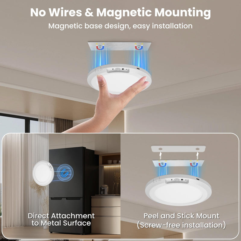 Rechargeable Motion Sensor Ceiling Light Indoor Outdoor w/Remote, 7.08 Inch Battery Operated Flush Mount Ceiling Light 3000K 4000K 6000K 400LM Dimmable for Closet Hallway Laundry Stairs (4) 4