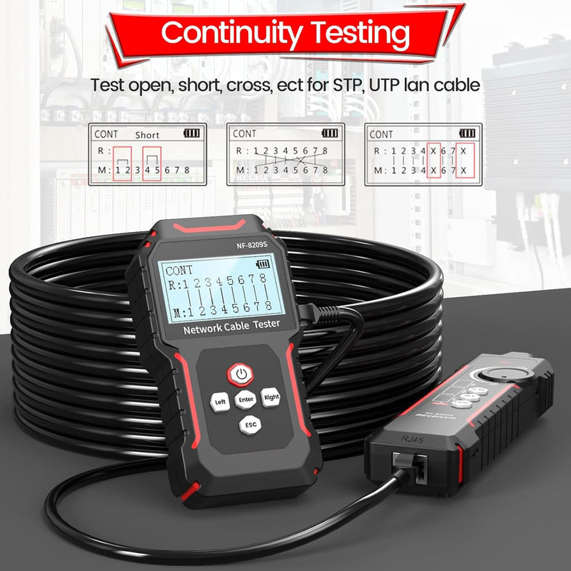 NOYAFA NF-8209S Network Cable Tester, Ethernet Cable Tester with CAT5, CAT6 Line Tracer, PoE, NCV, Length Test, Port Flashing, Fault Line Scan for Cable Grooming, LAN Network Cable Tracer Kit NYF-NF8209S
