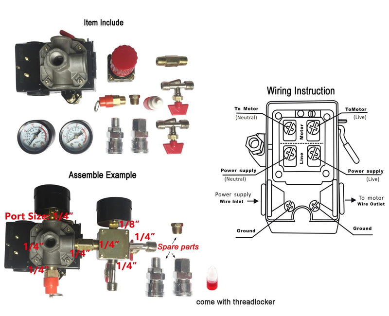 Secbolt Pressure Switch Manifold Regulator Gauges Air Compressor Pressure Switch Control Valve 90-120PSI (American Pattern) American Pattern