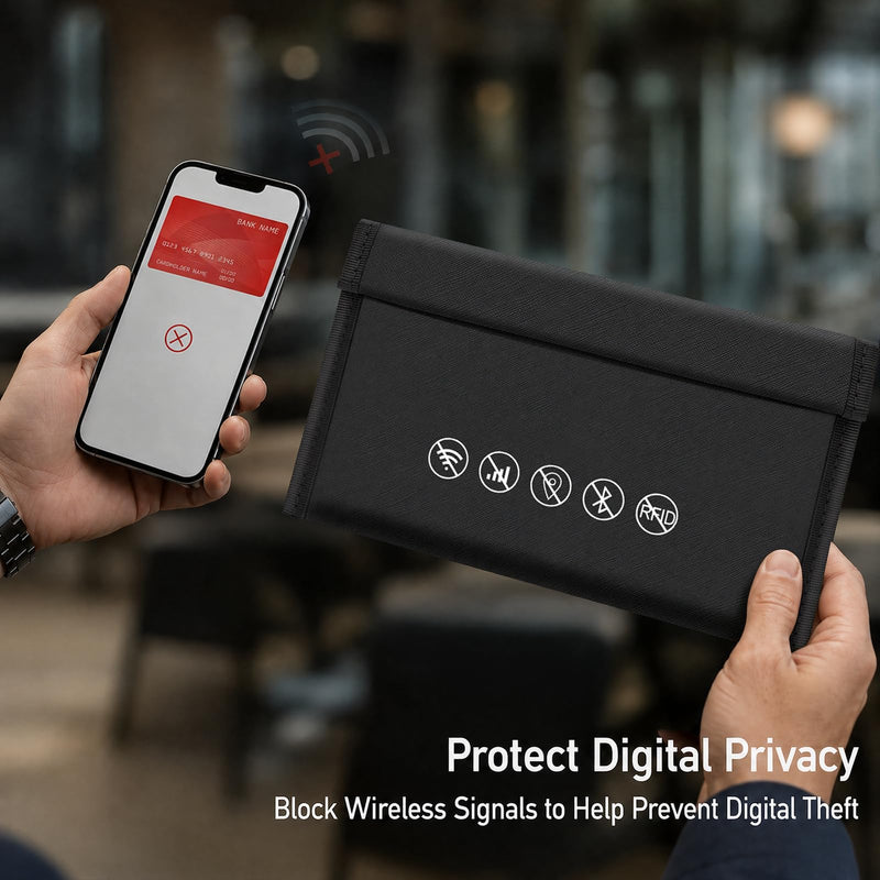 Faraday Bags for phones, Dual Shielded Compartments, 2 Card Slots, Black | Triple-Layer Signal Shielding, Fireproof Waterproof Exterior, for Phones, Cards & Keys, Blocks WiFi, GPS, RFID & Bluetooth 1