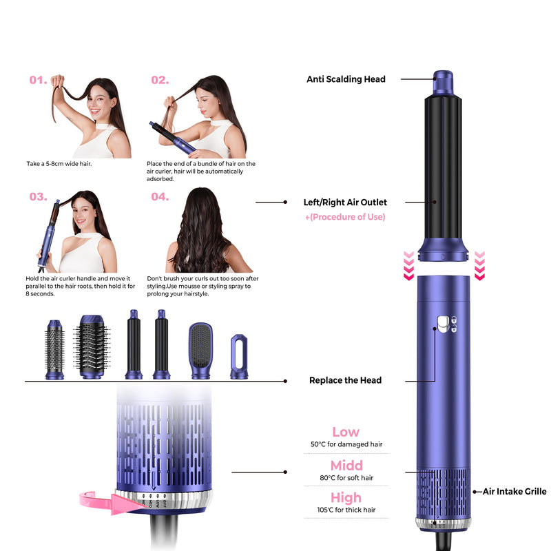 MogaWave Airbrush Hair Styler 6 in 1 Multi Styler, Magic Styler Air Styler, Blow Dry Hair Brush, Air Curler, Hair Dry Brush, Airstyler for Drying, Curling, All Hair Type/Length Blue