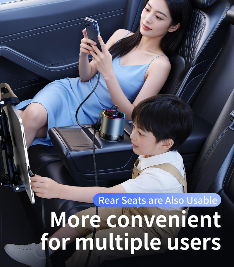 Retractable Car Charger USB Hub with RGB Light, 4 Port Car Charging Station Cigarette Lighter Adapter, Travel Essentials Car Accessories Gadgets for Men Gifts for iPhone 17 16 15 14 13 Pro Max