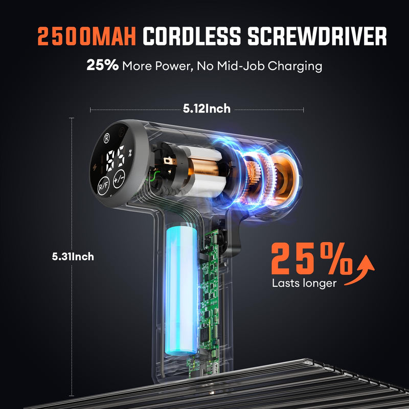 Electric Screwdriver Set - 4V Cordless Screwdriver Rechargeable 2500mAh - 5 Torque Settings Power Screwdriver 250RPM 5N·m Max - Tools for Furniture Electrical Repairs - LED, 15 S2 Metal Bit, 1/4" Hex