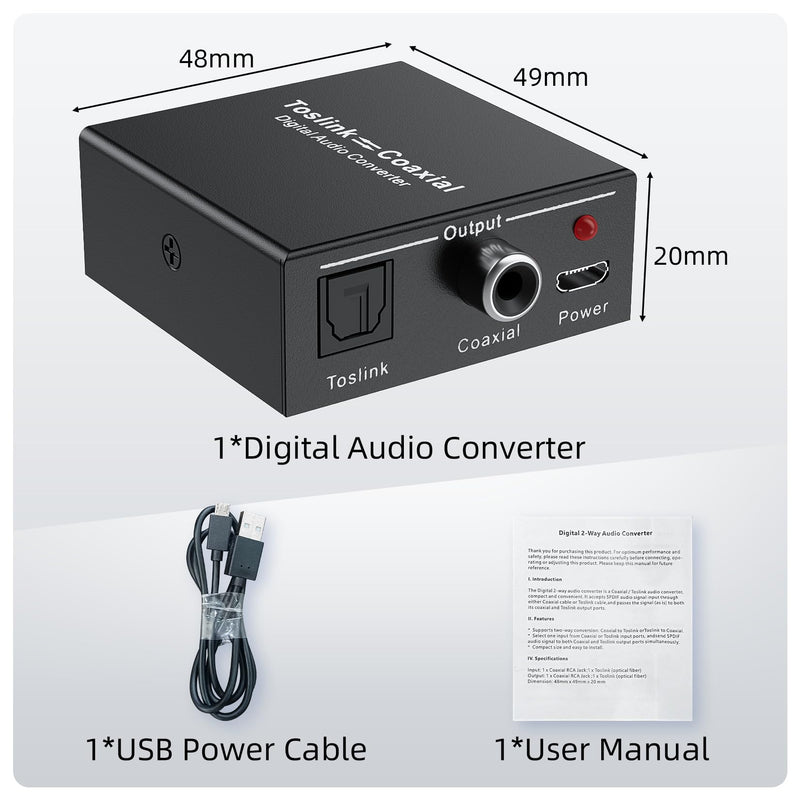 Optical-to-Coaxial or Coax-to-Optical Digital Audio Converter Adapter, LUKFOCAB Digital Coaxial to Optical Converter, Bi-Directional Coax Digital to/from Optical Toslink SPDIF Audio Converter/Repeater