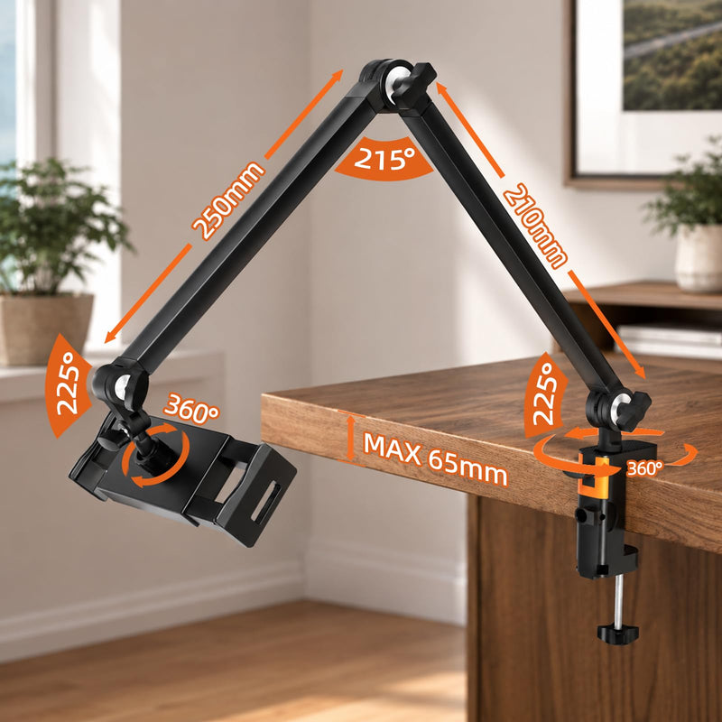 Tablet Stand, 360° Adjustable Holder for 4.7-16" iPad/Phone, Metal | Foldable Tablet Arm Mount for Desk and Bed, for Kitchen, Work, Drawing, Streaming, Video Call, Working, Watching, Heavy Duty