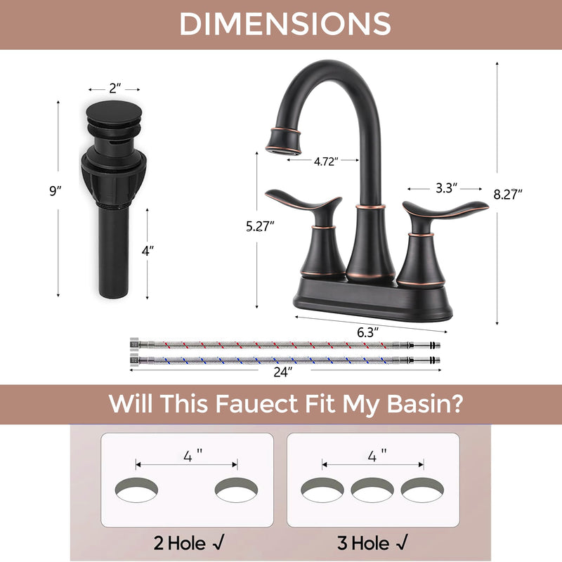 KINGO HOME Modern 2 Handle Oil Rubbed Bronze Bathroom Faucet, Bronze Bathroom Faucets RV Rubbed Bronze Bath Vanity Faucet for Sink 3 Hole with Water Supply Lines and Pop Up Drain