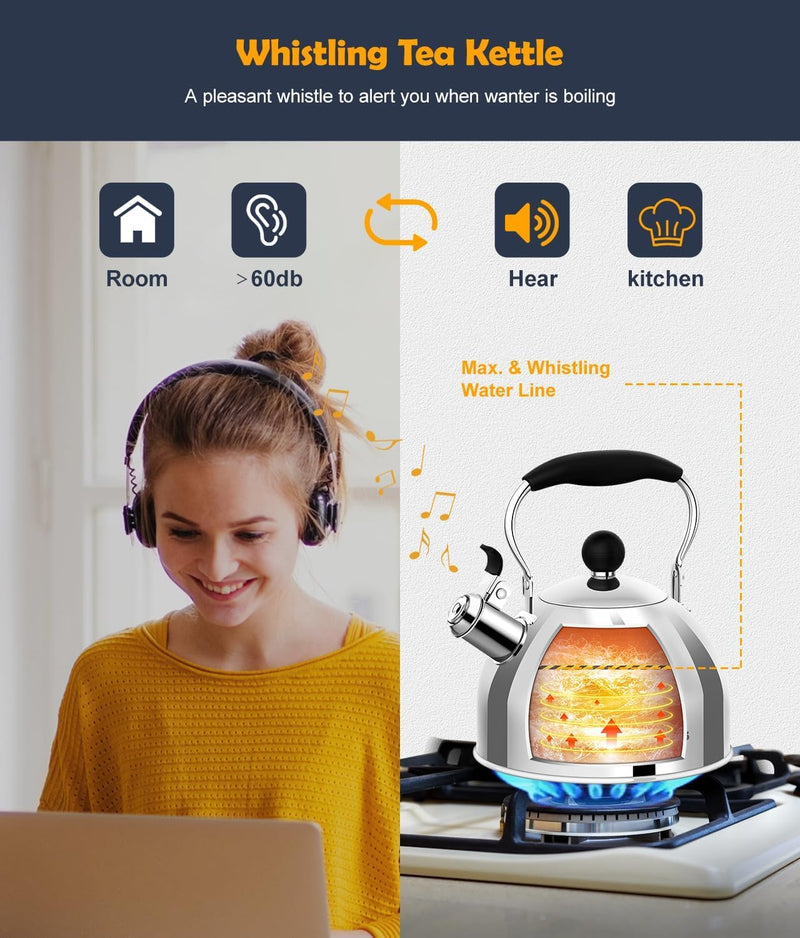 Tea Kettle, 2 Quart Stainless Steel Whistling Tea Kettle, Stovetop Whistling Teakettle Tea Pots for Stove Top with Ergonomic Folding Handle, Small Teapot, Water boiler for Tea, Coffee (Silver) Silver