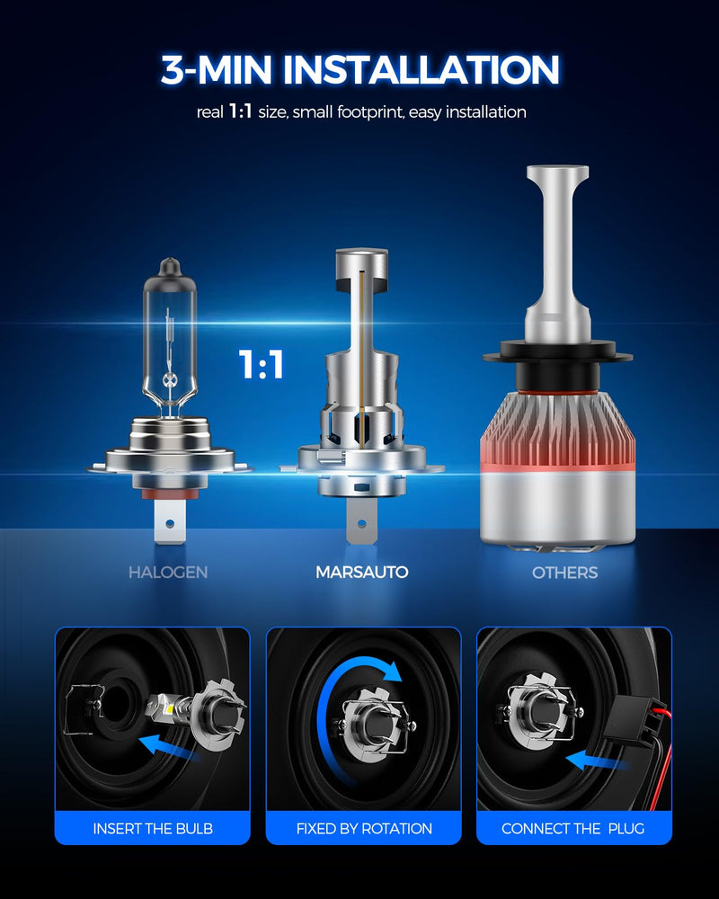 Marsauto - H7 led lights for car - High Performance Halogen Headlight Bulb, High Beam, Low Beam and Fog Replacement Bulb (Contains 2 Bulbs) White