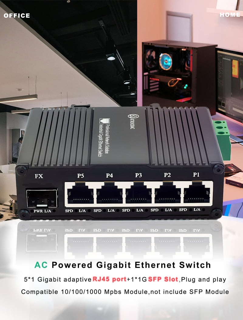 Mini AC Power Supply 5 Port Gigabit Switch with SFP Slot Din Rail Fanless Industrial Unmanaged Ethernet Switch 5*1000Mbps RJ45 Port +1G SFP Fiber Port Support Network Switch AC 85~250V Input AC Power 5-Port Switch