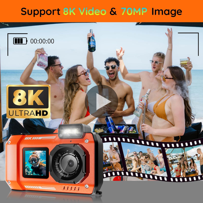 8K Underwater Digital Camera - MaxMango 70MP 33FT Waterproof Camera with 64G Card - Underwater Camera for Snorkeling Floatable Dual-Screen Selfie 2500mAh Battery Point and Shoot Digital (Orange)