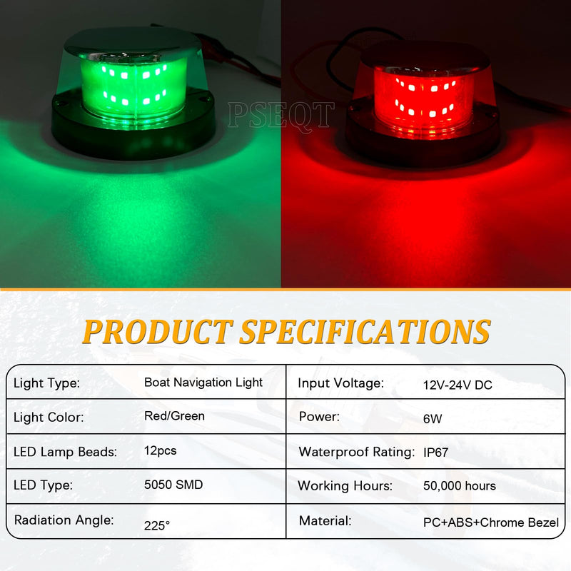 PSEQT Boat Navigation Lights 4'' Red Green LED Marine Bow Stern Port Starboard Signal Sailing Waterproof Lights 12V for Pontoon Kayak Yacht Sailboat Fishing Bass Boats (1 Red & 1Green, Silver Cover)