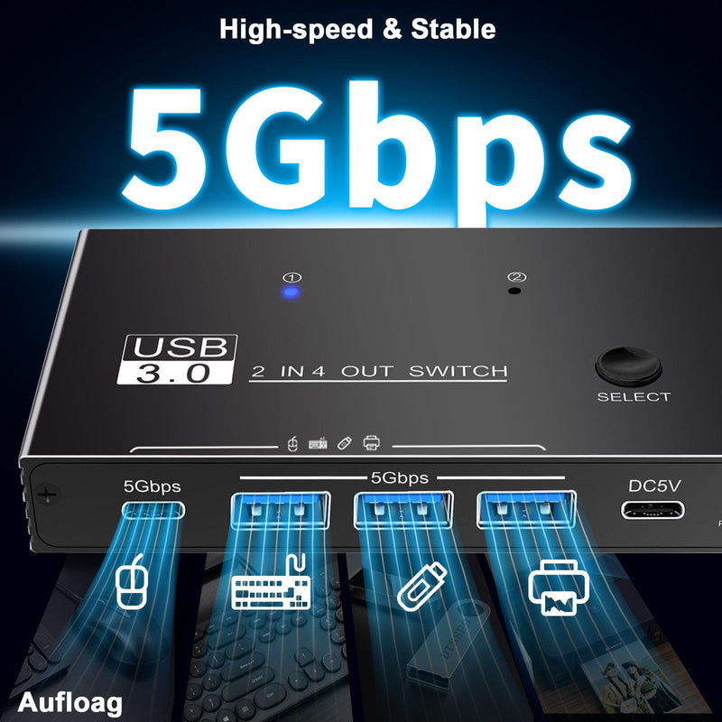 USB Switcher 2 Computers Sharing - 5Gbps USB 3.0 Switch Share 4 Port Devices, Plug and Play, Aluminum USB3.0 Switch Selector 2 PCs Share Keyboard Mouse Printer Scanner with One Button USB 3.0 2in4out