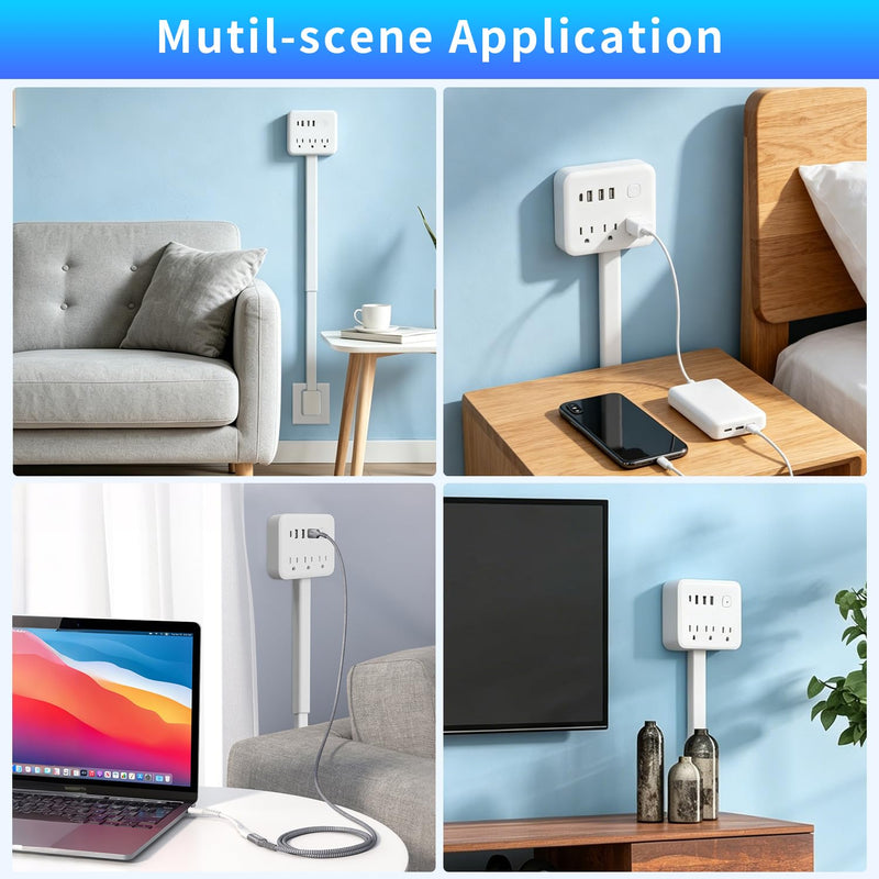 180° Rotating Outlet Extender Stick with 3 AC & 4 USB | Telescopic Extension, Behind Couch Space Saving, Surge Protector, 6-in-1 Multi Plug Wall Splitter Charging Station