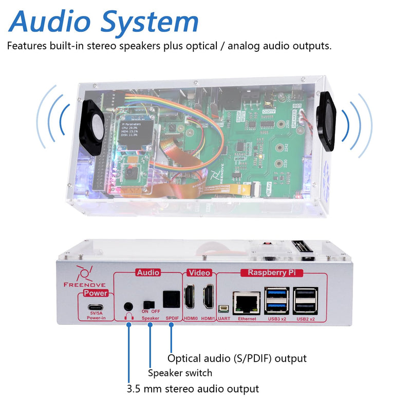FREENOVE Computer Case Kit for Raspberry Pi 5 with Cooling Fan, M.2 NVMe SSD Slot 1231 MB/s, 5 MP Camera, 0.96 Inch OLED Screen, Built-in Stereo Speakers, 3.5 mm and Optical Audio (S/PDIF) no SSD no Screen