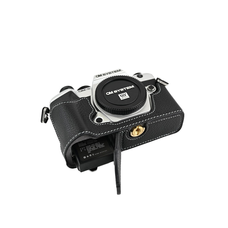 OM-5 Mark II Case, Litchi Handmade Genuine Real Leather Half Camera Case Bag Cover for Olympus System OM-5 Mark II Bottom Opening Version + Neck Strap (Black) Black