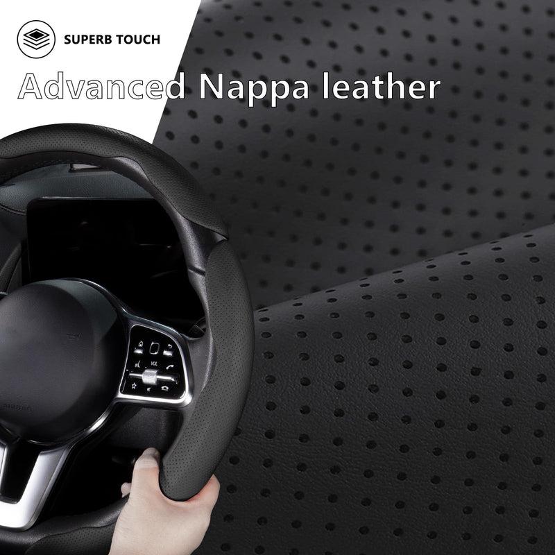 Car Steering Wheel Cover Leather Snap On 3Pcs Set Non-Slip Protector Wrap Steering Wheel Accessories 14.5-15 inch Universal Black Black A