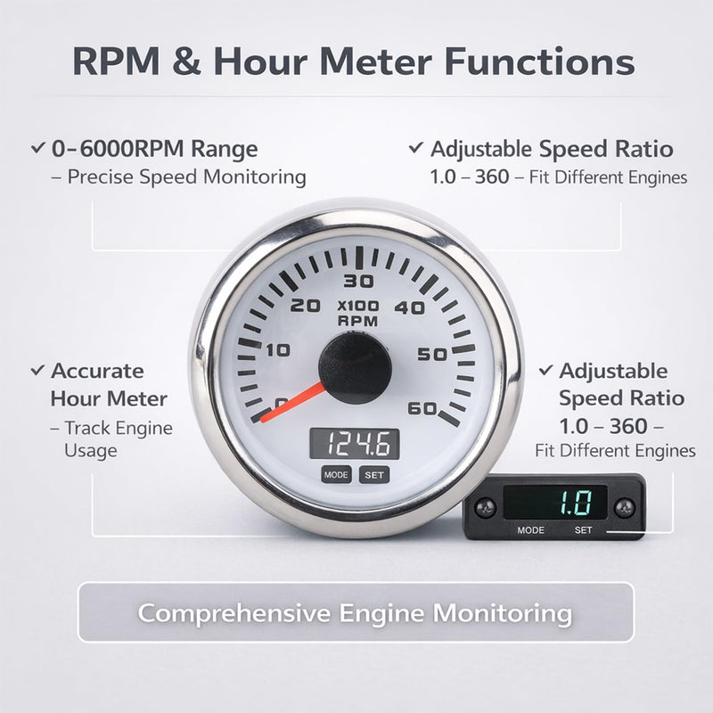 Denash 52mm /2in Tachometer, 6000RPM Tachometer for Gasoline Engines with 7 Backlight Colors, 9-32V DC for Trucks Cars Boats (White Dial Silver Cover CX6228) White Dial Silver Cover CX6228